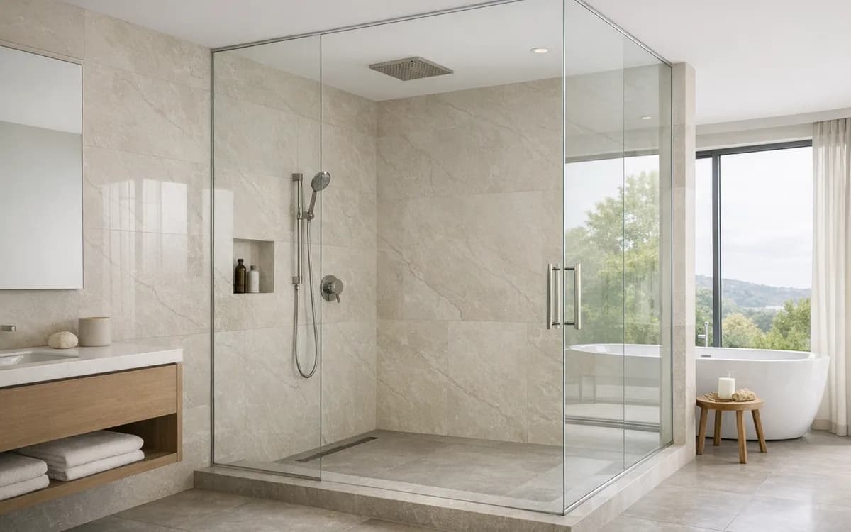 Low-iron glass in a residential interior (Shower · Clarity)