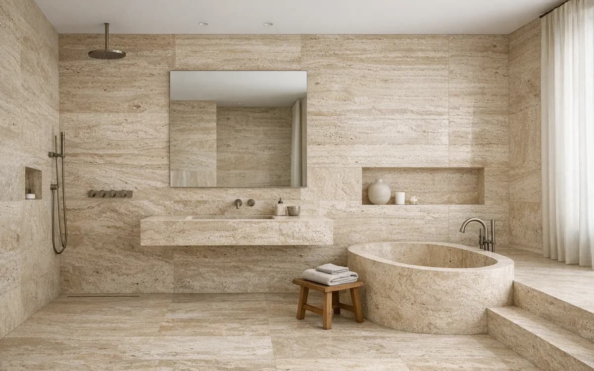 Travertine in a residential interior (Bathroom · Texture)